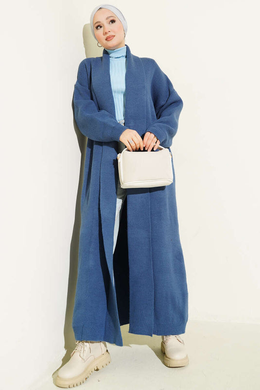 Şal Yaka Basic Uzun Triko Hırka İndigo