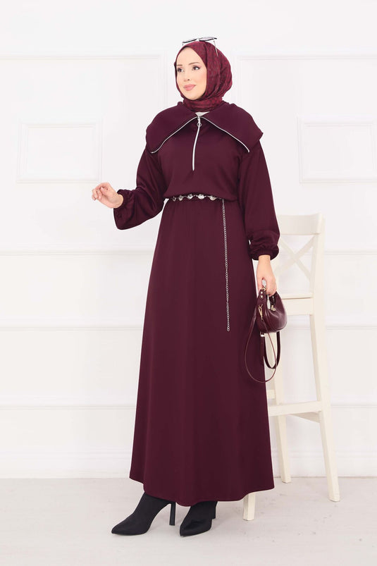 Şal Yaka Beli Büzgülü Zincir Kemerli Tesettür Elbise Bordo