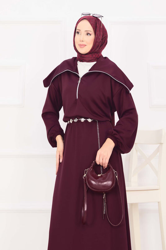 Şal Yaka Beli Büzgülü Zincir Kemerli Tesettür Elbise Bordo