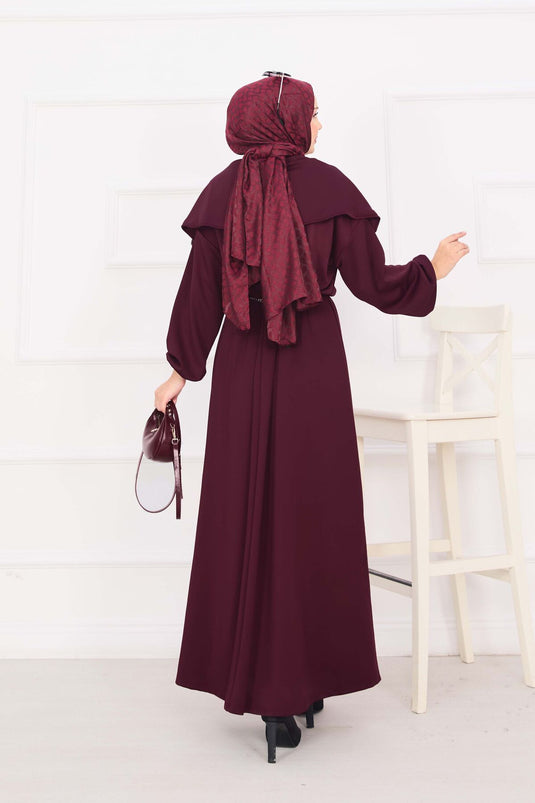 Şal Yaka Beli Büzgülü Zincir Kemerli Tesettür Elbise Bordo