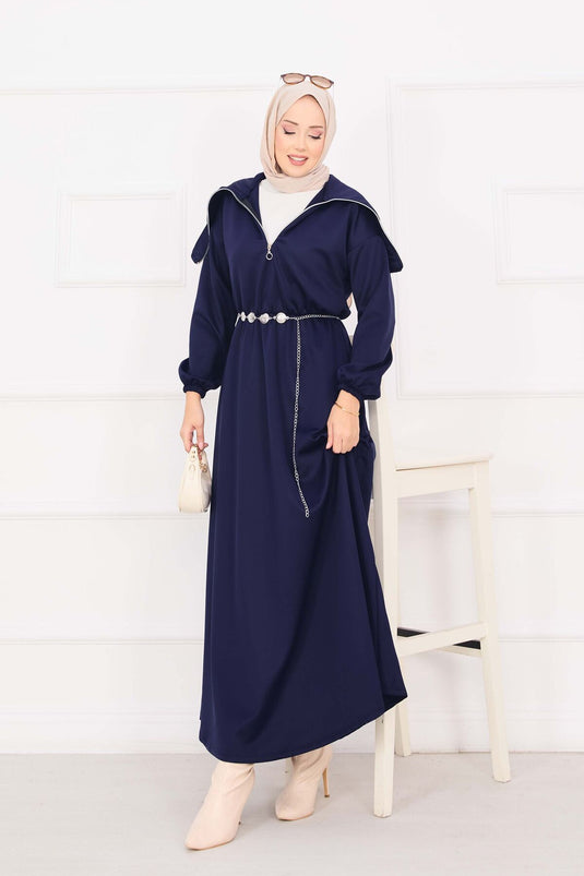Şal Yaka Beli Büzgülü Zincir Kemerli Tesettür Elbise Lacivert