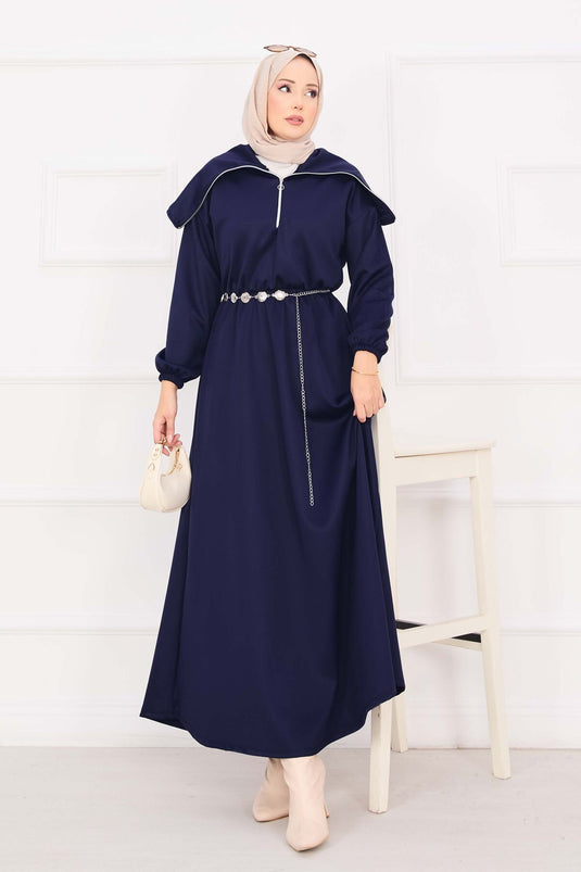 Şal Yaka Beli Büzgülü Zincir Kemerli Tesettür Elbise Lacivert