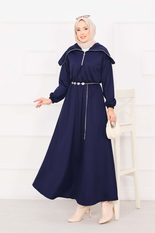 Şal Yaka Beli Büzgülü Zincir Kemerli Tesettür Elbise Lacivert