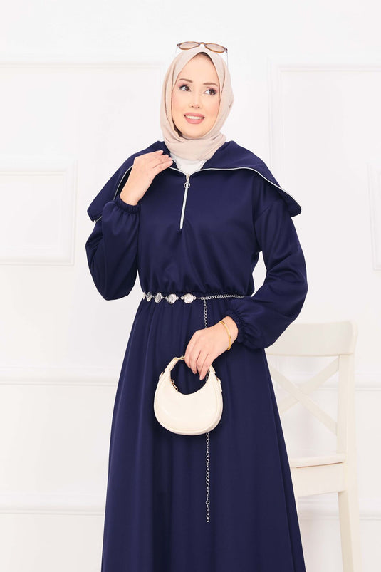 Şal Yaka Beli Büzgülü Zincir Kemerli Tesettür Elbise Lacivert