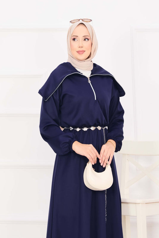 Şal Yaka Beli Büzgülü Zincir Kemerli Tesettür Elbise Lacivert