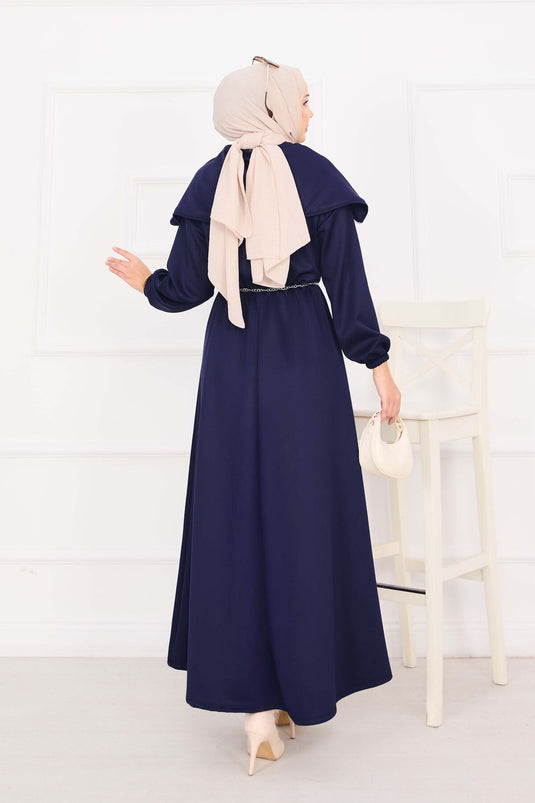Şal Yaka Beli Büzgülü Zincir Kemerli Tesettür Elbise Lacivert