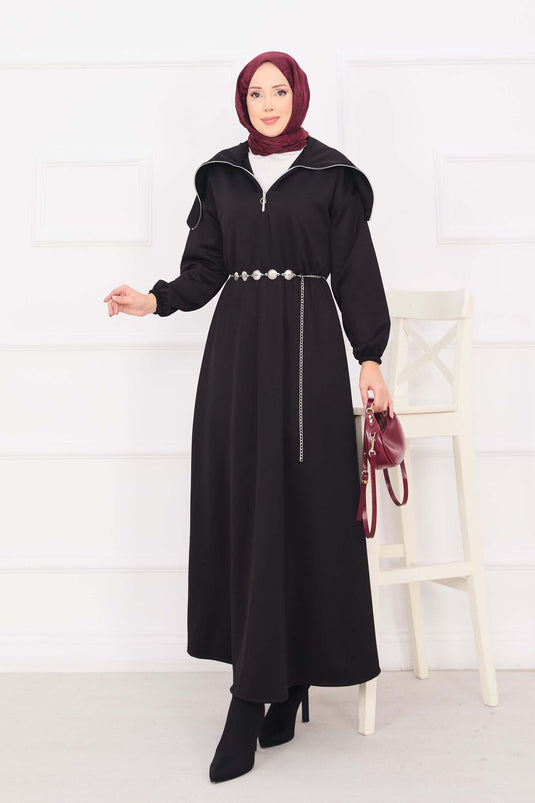 فستان حجاب بياقة شال، خصر مجمع، حزام سلسلة، أسود