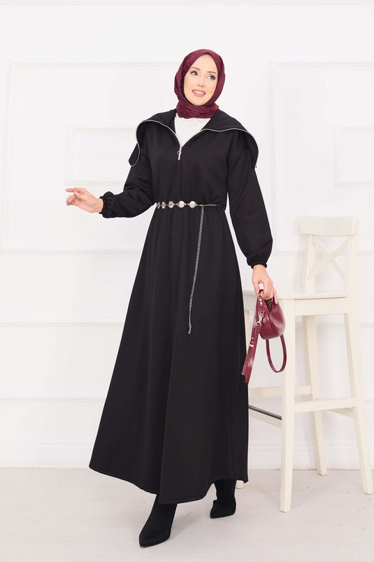 فستان حجاب بياقة شال، خصر مجمع، حزام سلسلة، أسود