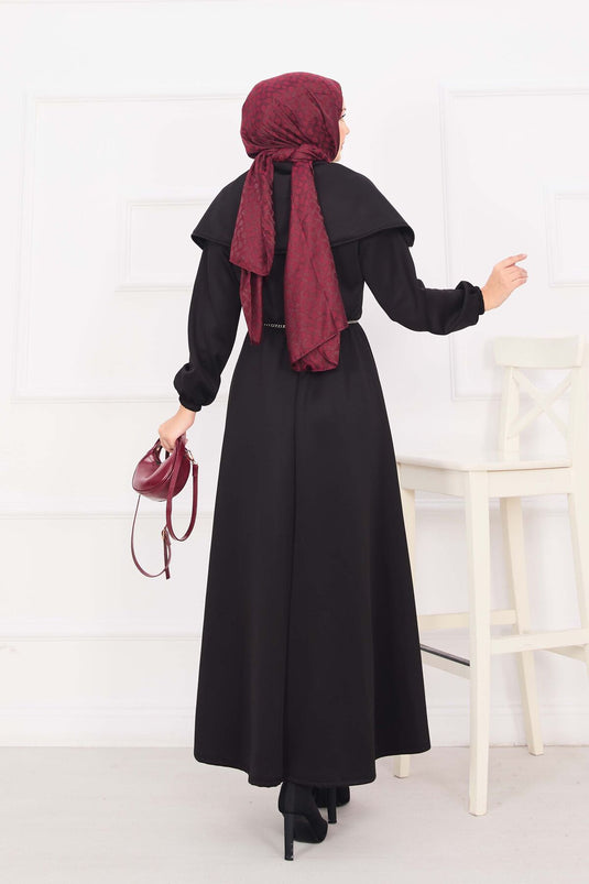 فستان حجاب بياقة شال، خصر مجمع، حزام سلسلة، أسود
