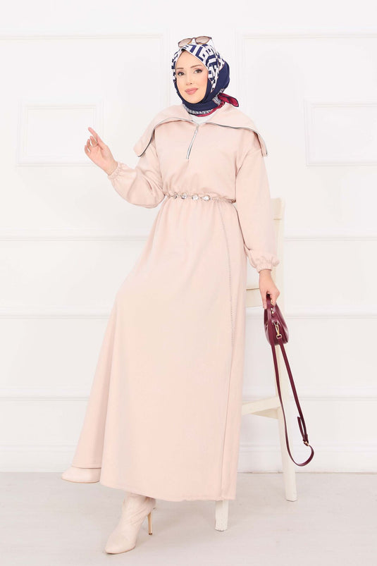 فستان حجاب بياقة شال، خصر مجمع، حزام سلسلة، لون حجري