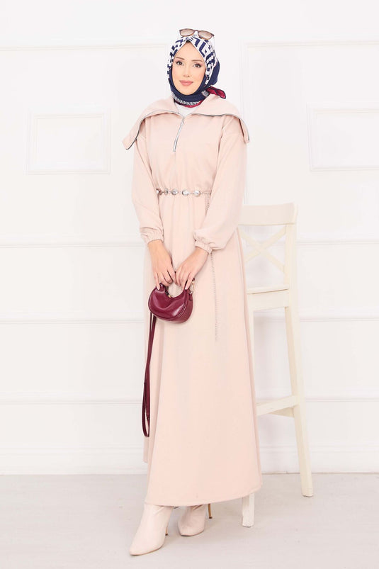 فستان حجاب بياقة شال، خصر مجمع، حزام سلسلة، لون حجري