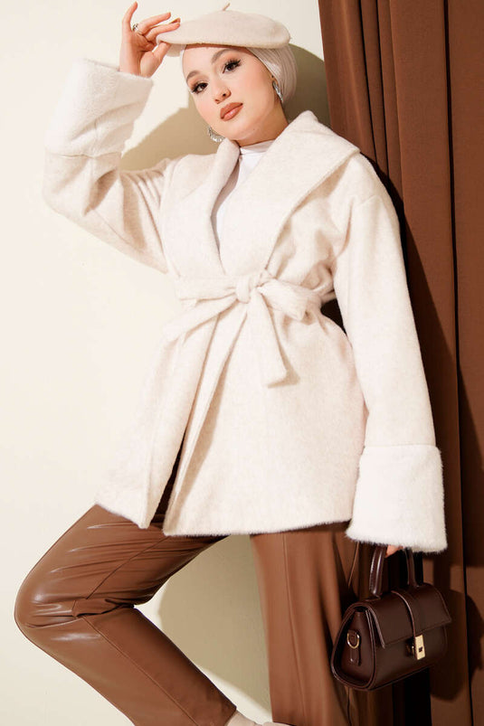 Shawl Collar, Fur-Trimmed Ankle Goldfox Coat, Ecru