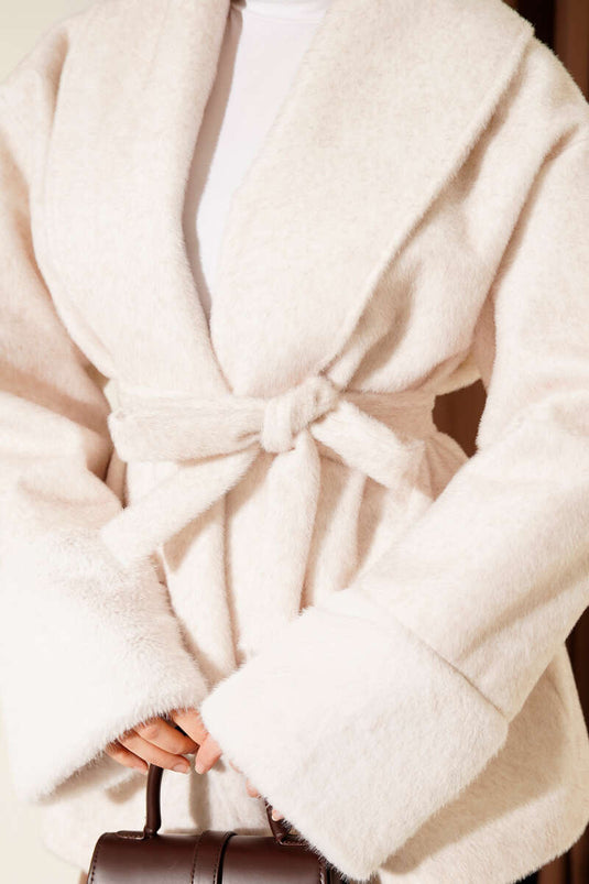 Shawl Collar, Fur-Trimmed Ankle Goldfox Coat, Ecru