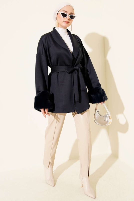 Shawl Collar Furry Wrist Scuba Cardigan Navy Blue