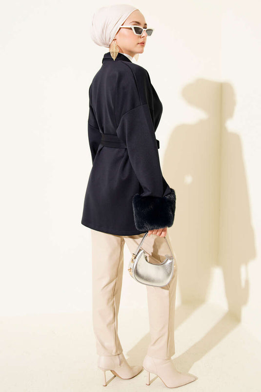 Shawl Collar Furry Wrist Scuba Cardigan Navy Blue