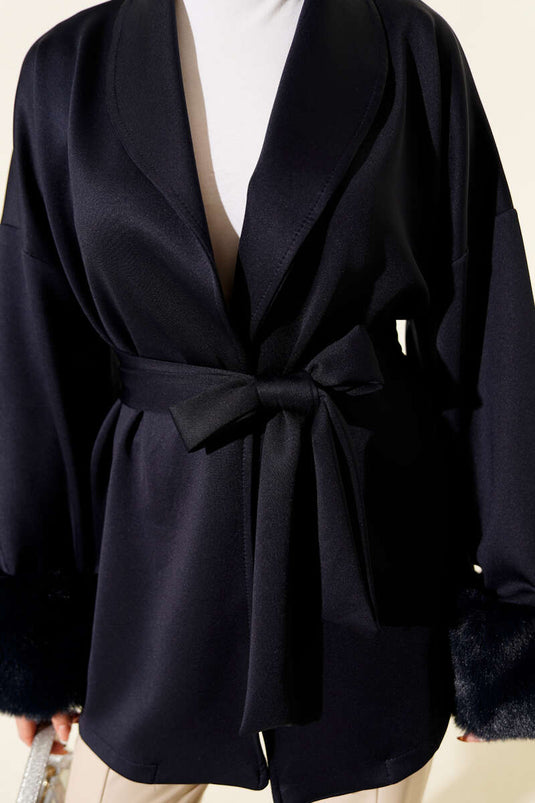 Shawl Collar Furry Wrist Scuba Cardigan Navy Blue