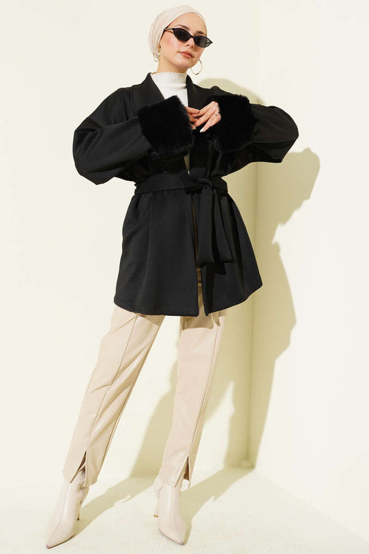 Şal Yaka Bilek Kürklü Scuba Hırka Siyah