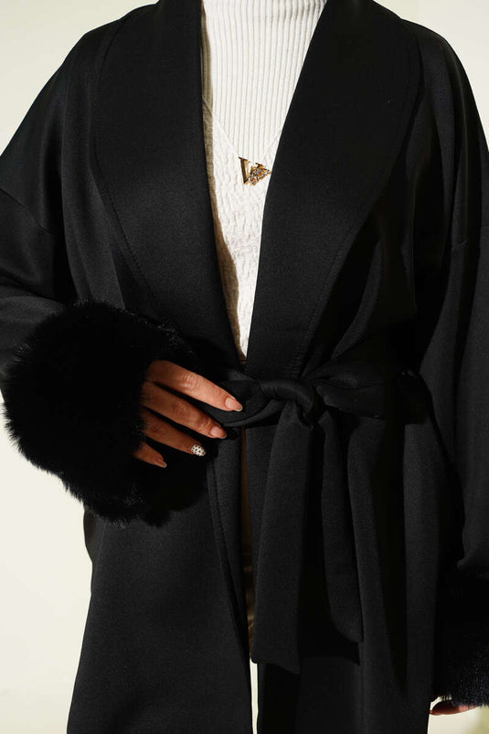 Şal Yaka Bilek Kürklü Scuba Hırka Siyah