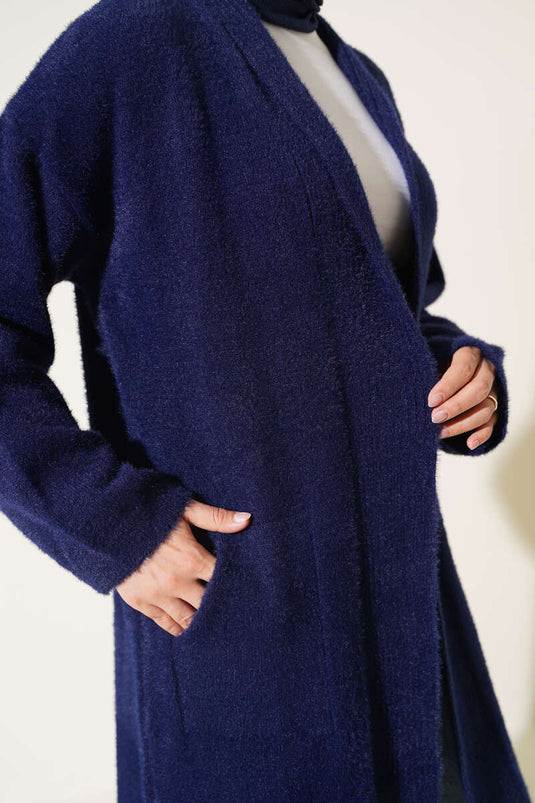 Navy Shawl Collar Pocket Cardigan With Beard Detail