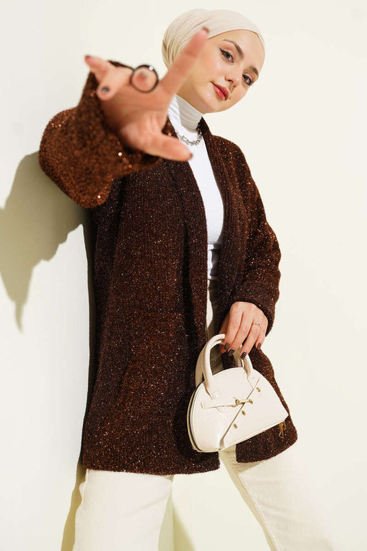 Şal Yaka Cepli Simli Triko Hırka Kahve