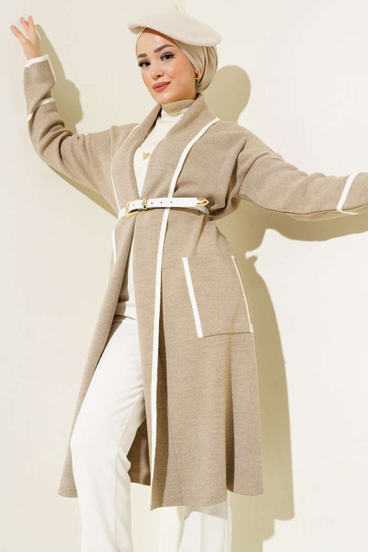 Strickjacke mit Schalkragen und Tasche Beige