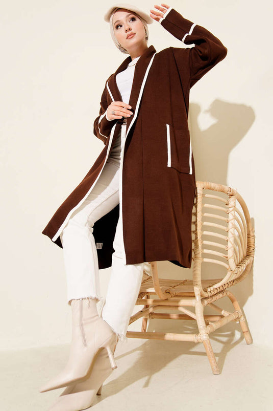 Şal Yaka Cepli Triko Hırka Kahve