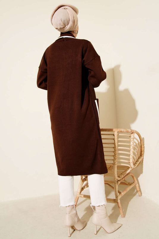 Şal Yaka Cepli Triko Hırka Kahve