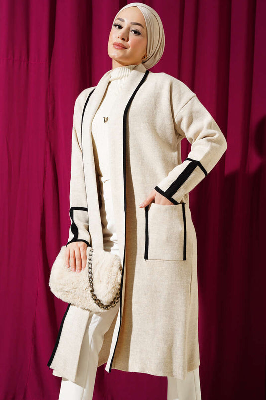 Şal Yaka Cepli Triko Hırka Taş