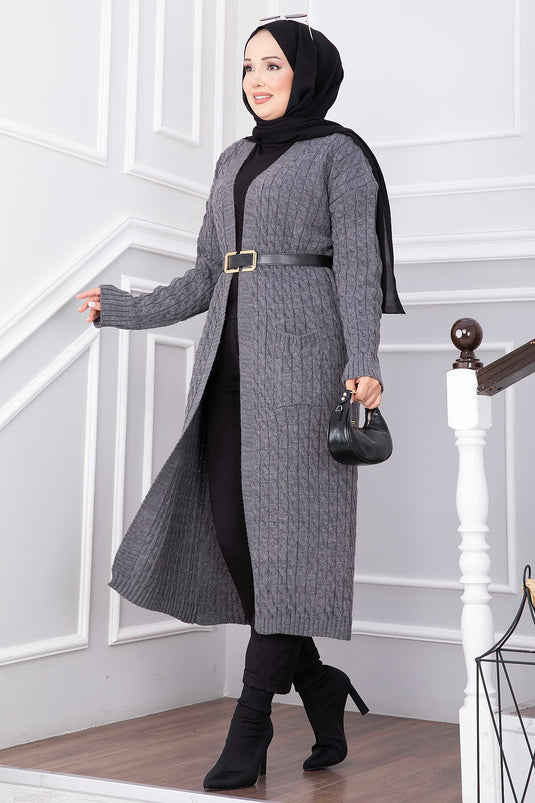 Cardigan Lungo Con Collo A Velo E Tasche In Antracite