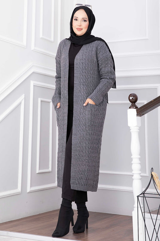 Cardigan Lungo Con Collo A Velo E Tasche In Antracite