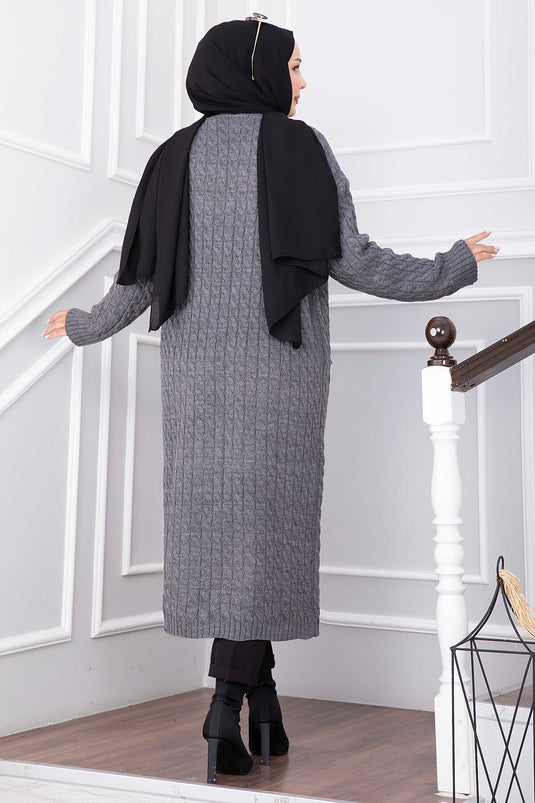 Cardigan Lungo Con Collo A Velo E Tasche In Antracite