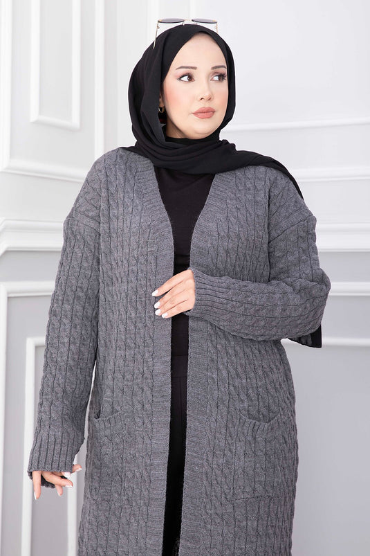 Cardigan Lungo Con Collo A Velo E Tasche In Antracite