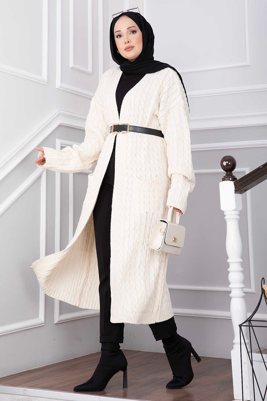 Cardigan Lungo In Maglia Con Collo A Scialle E Tasche Beige