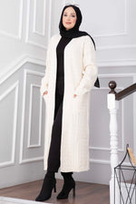 Gilet Long En Tricot À Col Châle Avec Poches Beige