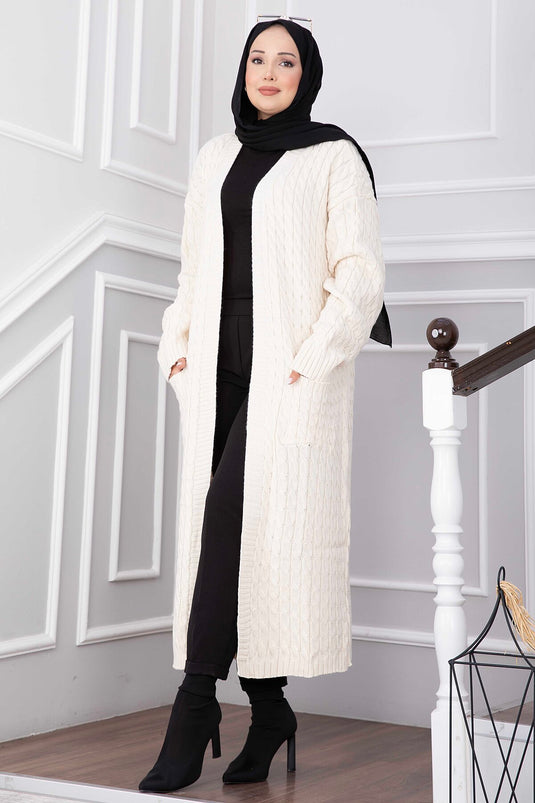 Cardigan Lungo In Maglia Con Collo A Scialle E Tasche Beige