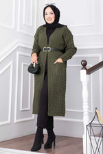Gilet Long En Maille À Col Châle Et Capuche En Kaki