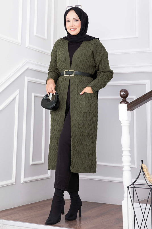 Gilet Long En Maille À Col Châle Et Capuche En Kaki
