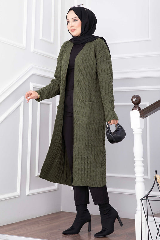Gilet Long En Maille À Col Châle Et Capuche En Kaki