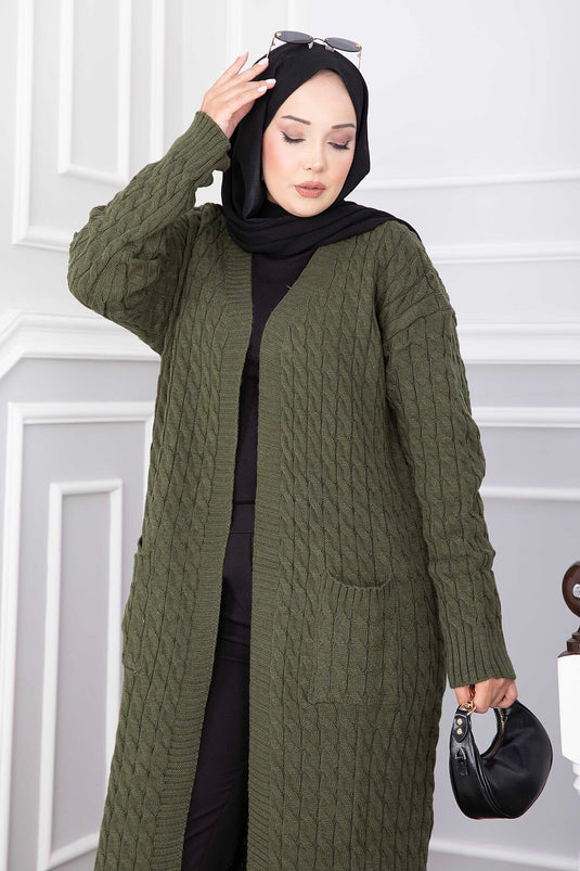 Gilet Long En Maille À Col Châle Et Capuche En Kaki
