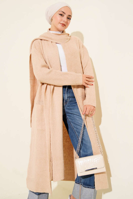 Shawl Collar Pocket Long Knit Cardigan Latte