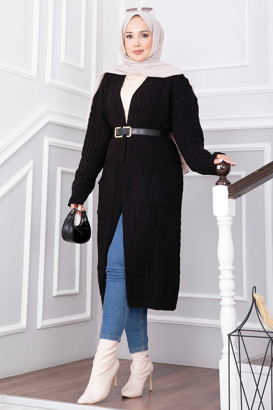 Zwarte Shawl Kraag Lange Gebreide Vest Met Zakken