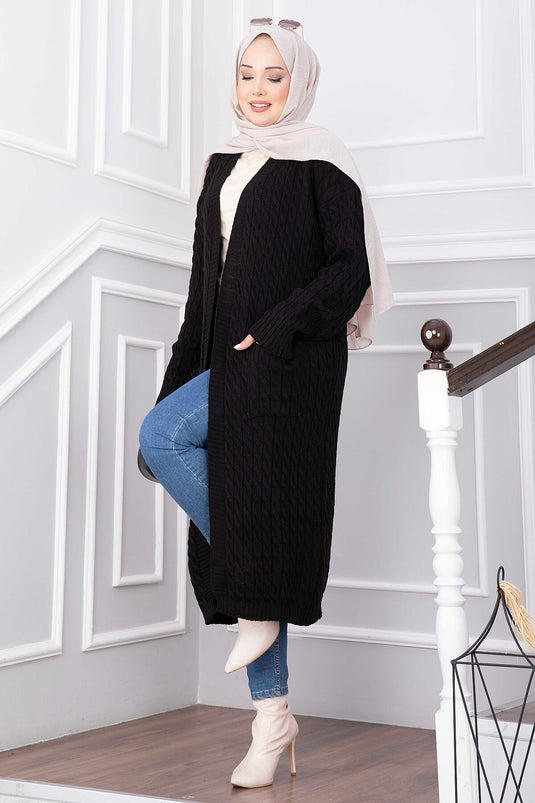 Zwarte Shawl Kraag Lange Gebreide Vest Met Zakken