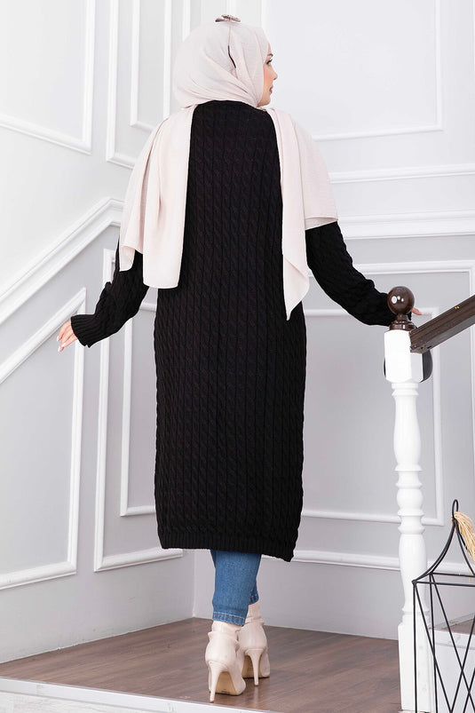 Zwarte Shawl Kraag Lange Gebreide Vest Met Zakken