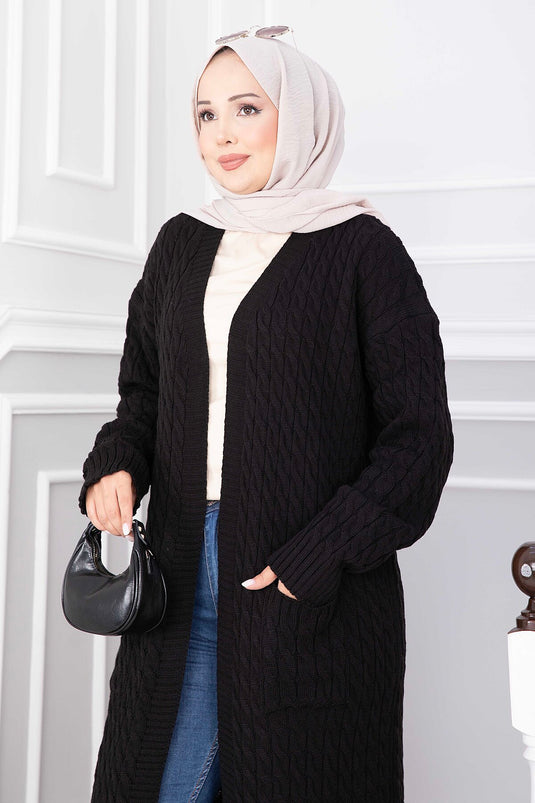 Zwarte Shawl Kraag Lange Gebreide Vest Met Zakken
