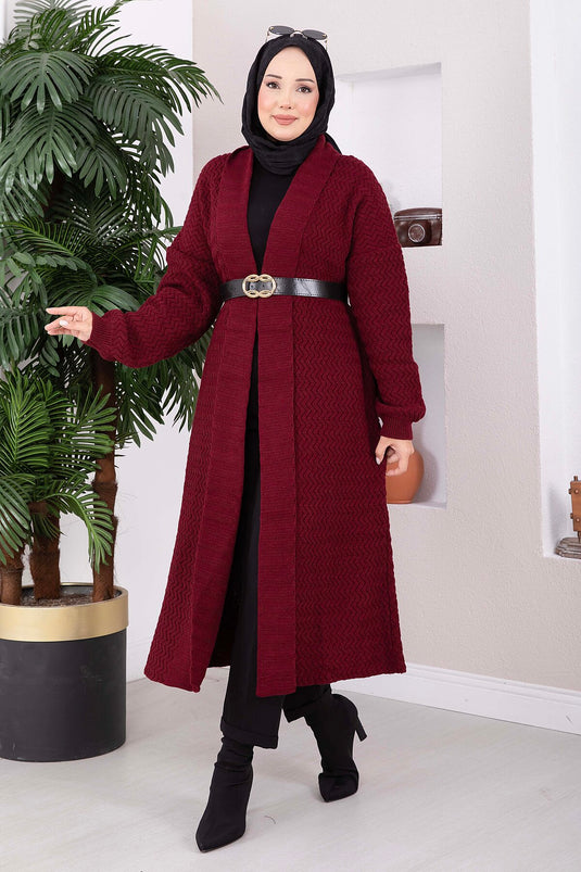 Gilet Long En Tricot À Col Châle Et Motifs Bordeaux