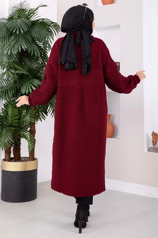 Gilet Long En Tricot À Col Châle Et Motifs Bordeaux