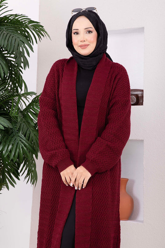 Gilet Long En Tricot À Col Châle Et Motifs Bordeaux