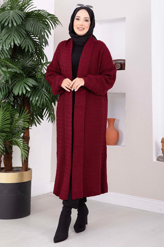 Gilet Long En Tricot À Col Châle Et Motifs Bordeaux