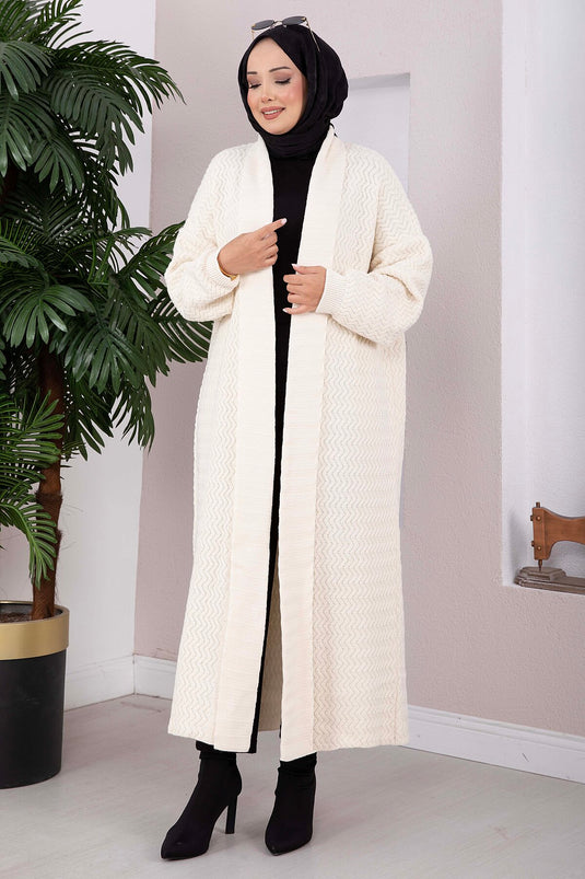 Beige Langes Strickjacke Mit Schalkragen Und Muster