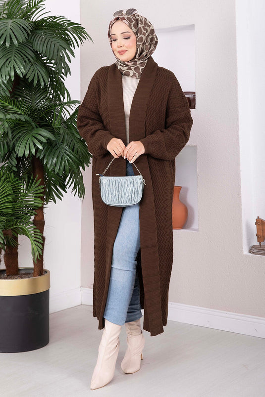 Lange Gemusterte Strickjacke Mit Schal-Kragen In Kaffee